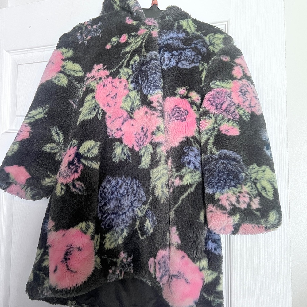 United Colors Of Benetton Floral Kids Faux Fur Jacket - Pink, Blue, Green